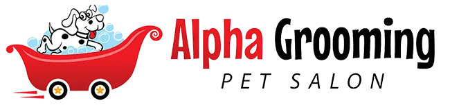 Logo for Alpha Grooming Pet Salon featuring cartoon dogs in a red bathtub with bubbles, next to the business name in red and black text—perfect for any pet lover seeking quality mobile pet grooming services.