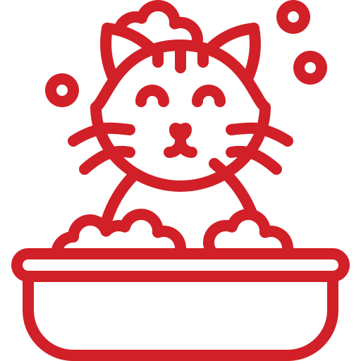 Red outline illustration of a cat sitting in a tub of soapy water with bubbles around, perfect for any pet lover or mobile pet grooming service, as the cat appears to be enjoying a bubbly bath.