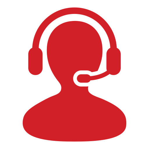 Red icon of a person wearing a headset with a microphone, representing customer support for mobile pet grooming or pet lover services, on a light gray background.