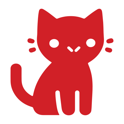 Red silhouette illustration of a cat with simple, rounded features and two lines on each side of its face, symbolizing pet love mobile grooming, set against a light background.